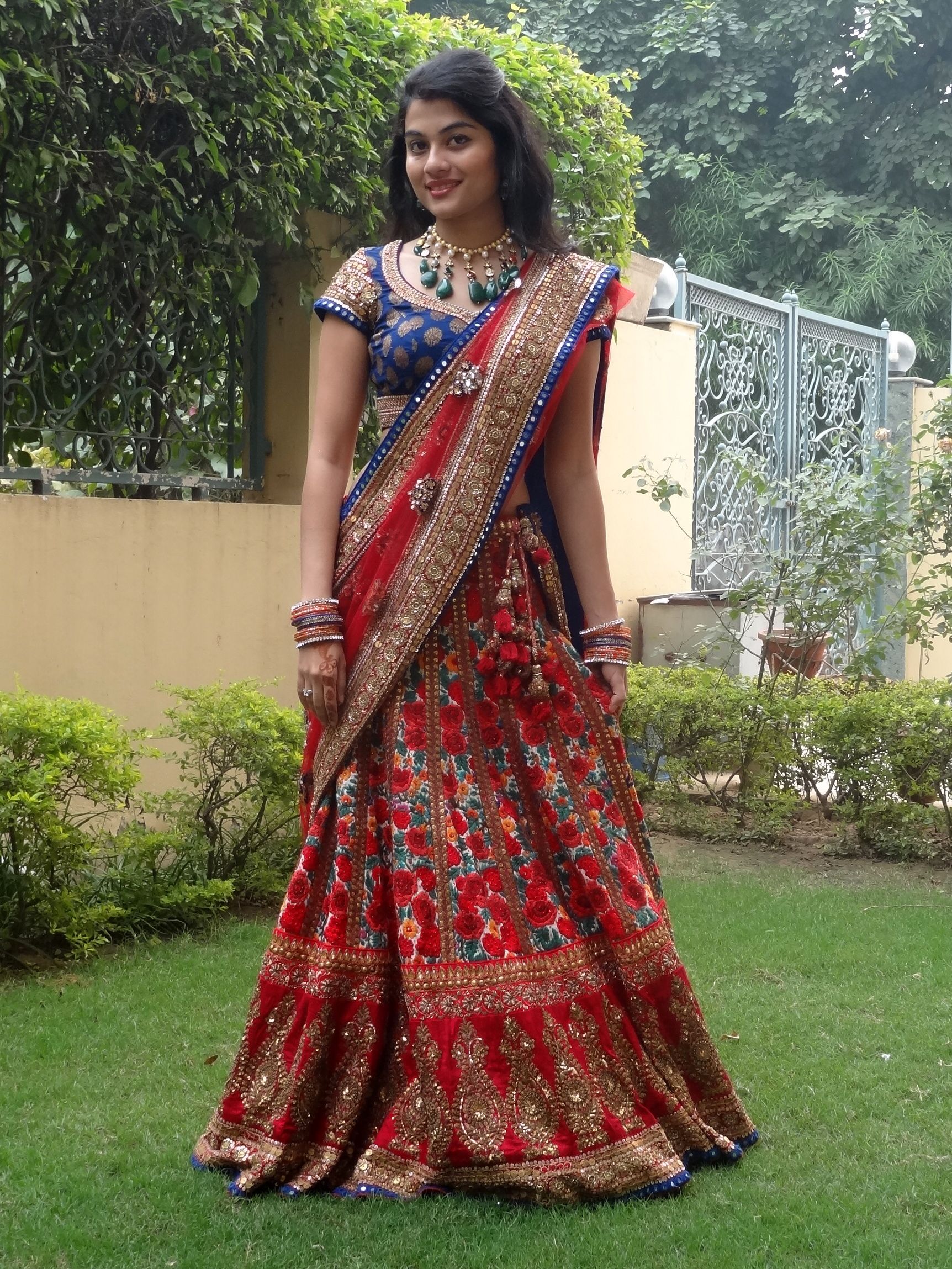 blue red bridal lehenga