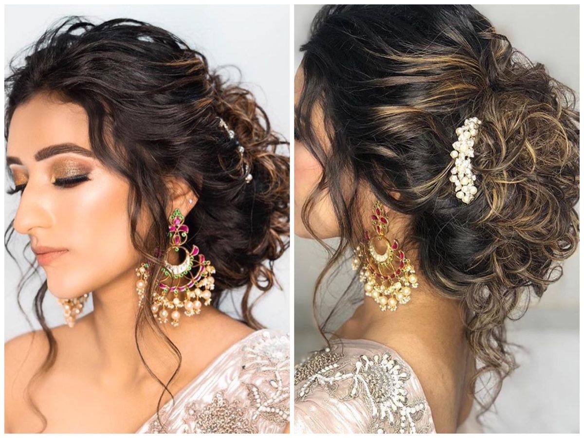 Chic messy updo reception hairstyle for an Indian bride