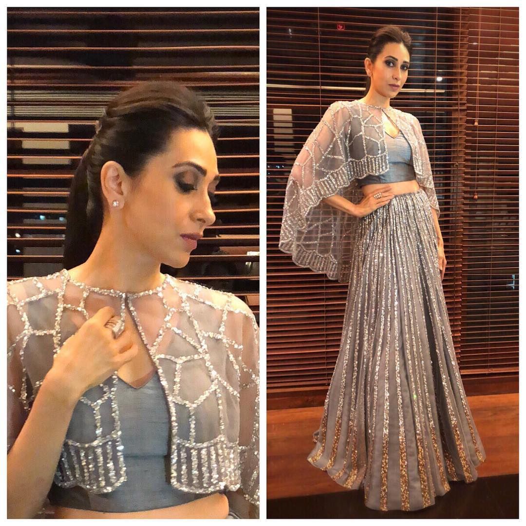 Karishma Kapoor grey cape lehenga