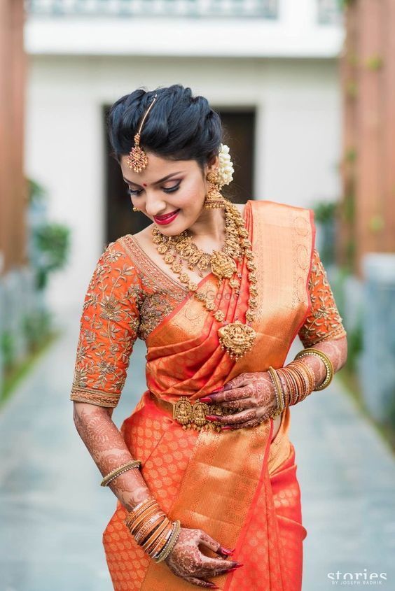 Orange and gold kanjivaram saree 