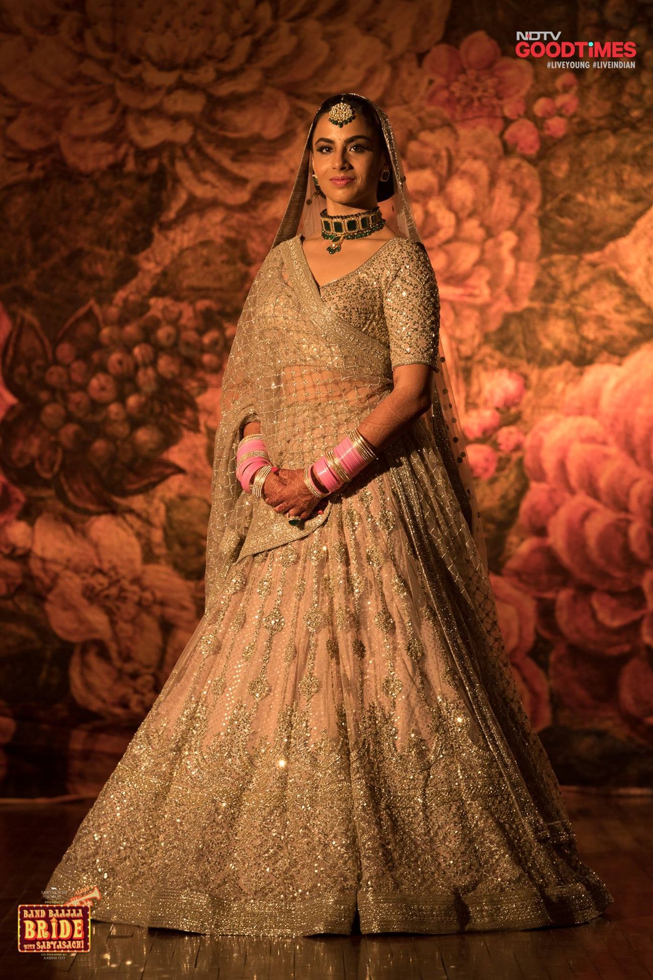 Golden lehenga with bubblegum pink choodha