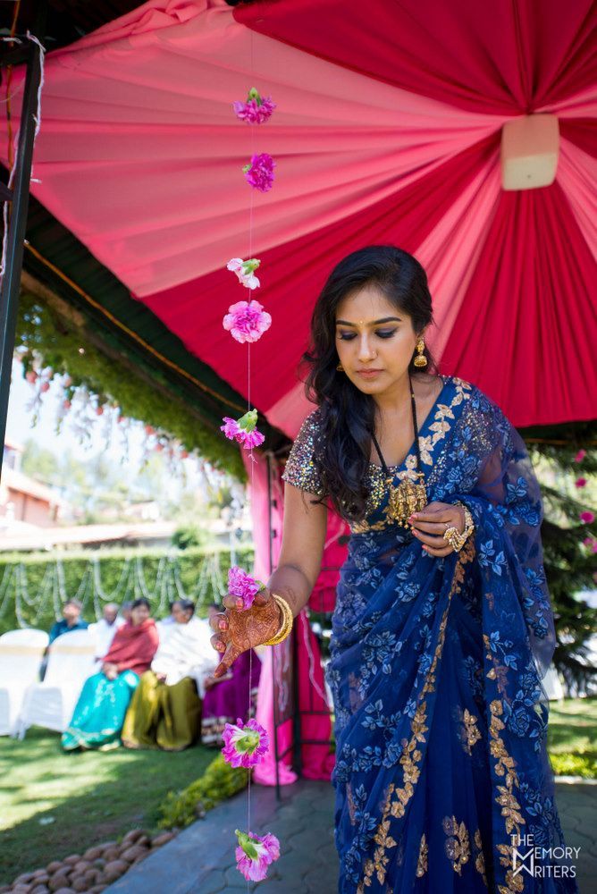 Navy blue net saree with embroidery