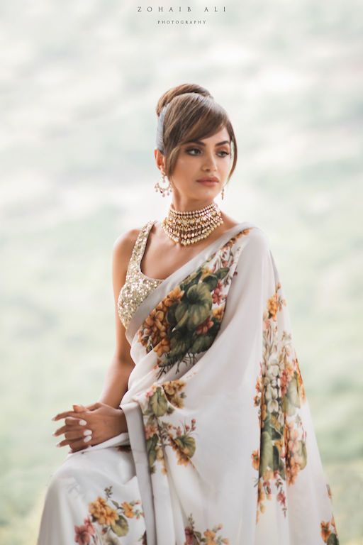 White Floral saree with shimmer dupatta 