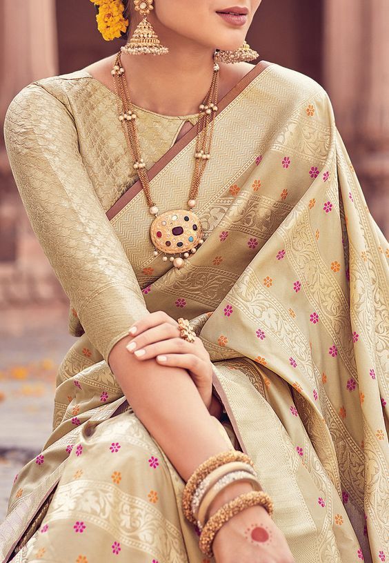 Golden Brocade work blouse with banarasi saree