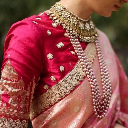 Red Embroidered blouse with Banarasi Saree