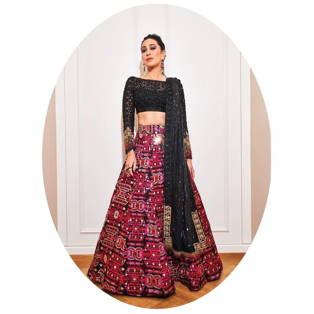 Karishma Kapoor Black and maroon phulkari lehenga