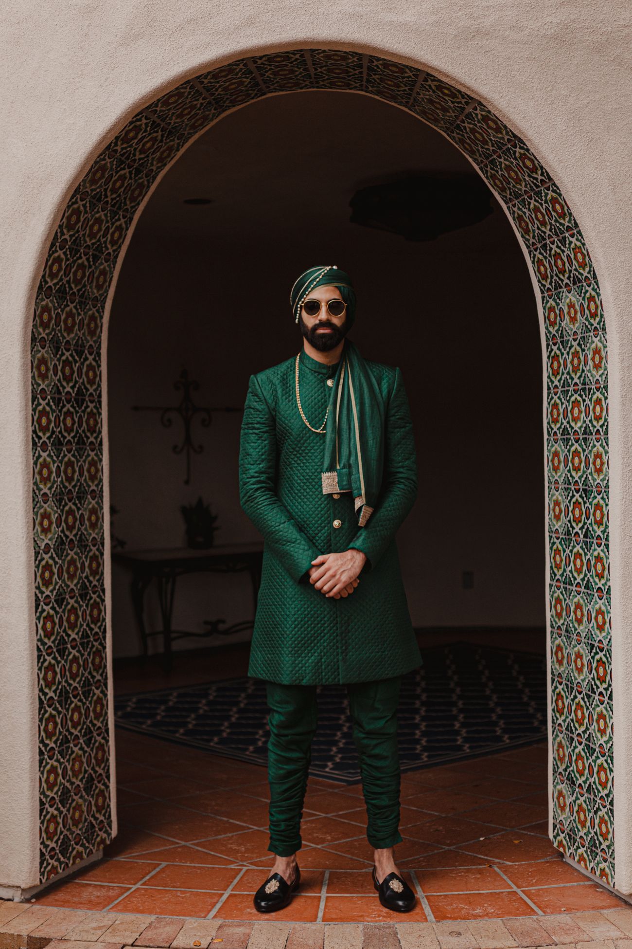 emerald green safa and sherwani 