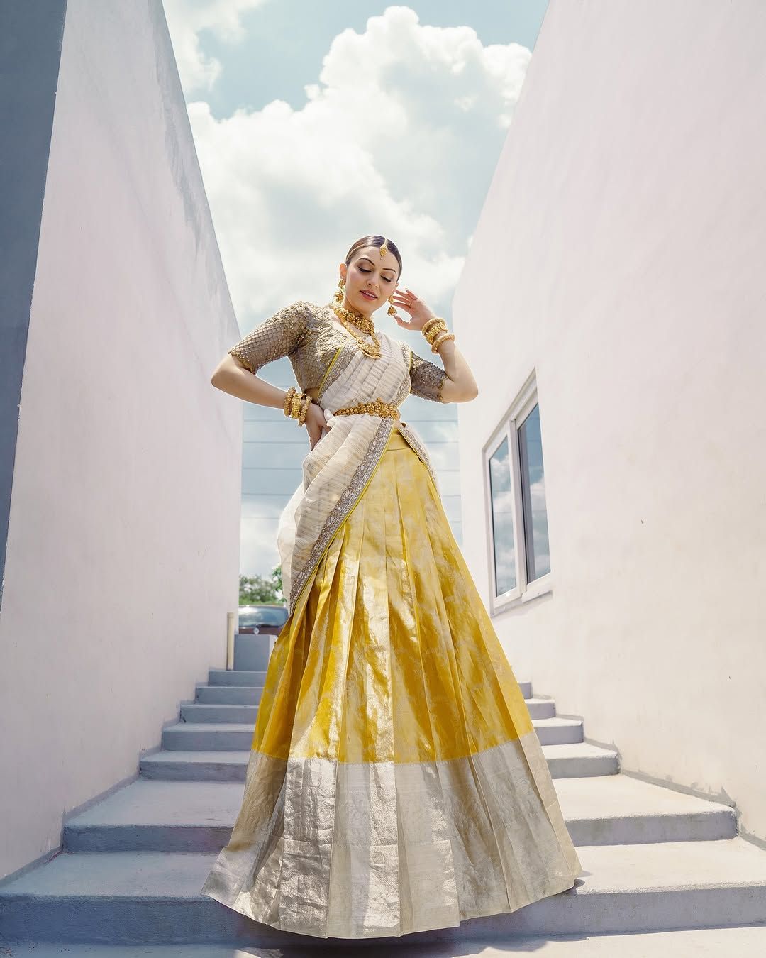 BRIDAL KANJEEVARAM HALF SAREE IN MUSTARD & RUST main image 0
