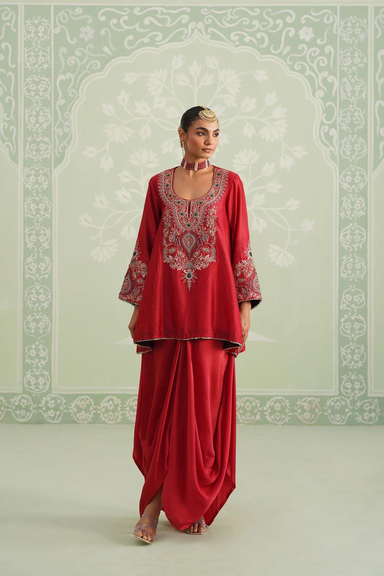 Red satin skirt set for Diwali celebrations
