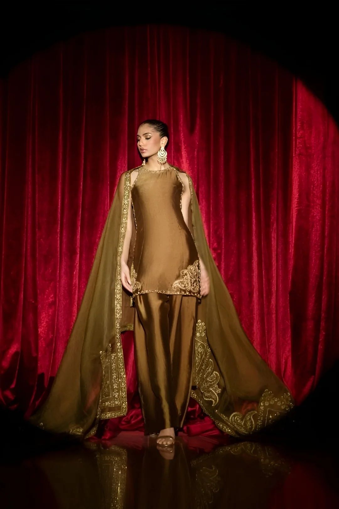 Olive gold sheesha suit set for Diwali festivities