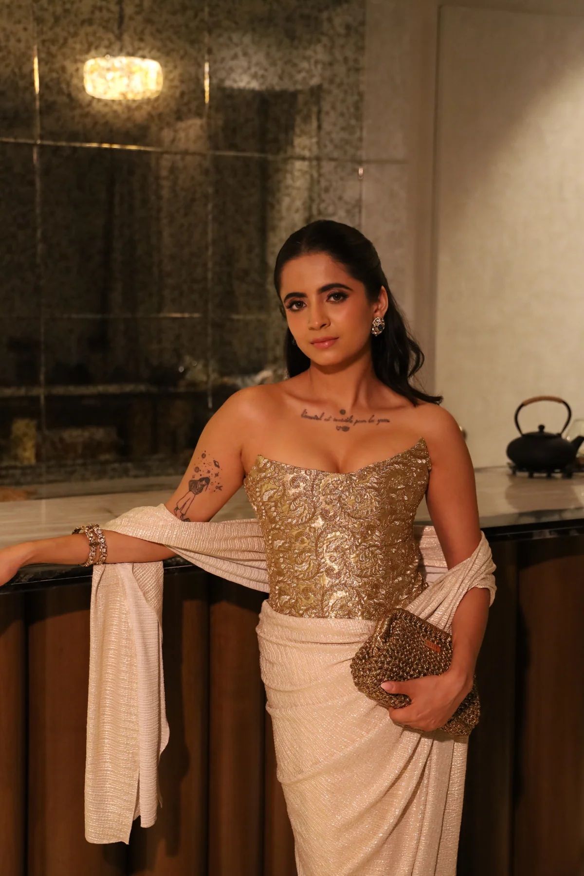 Gold embroidered corset styled for a festive look
