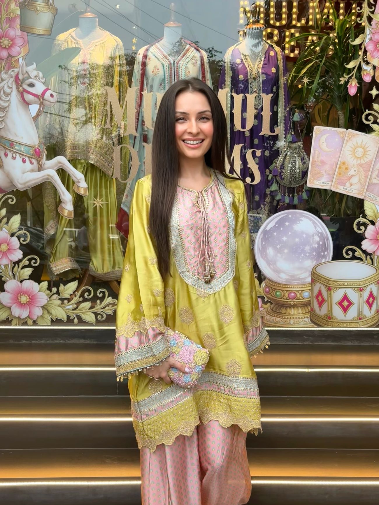 Lime green and pink kurta salwar set for festive celebrations