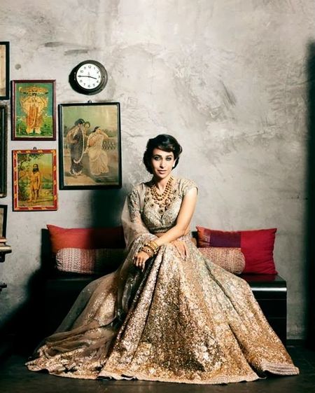 Bridal Inspiration: Soft Gold Lehengas by Sabyasachi on Karisma Kapoor