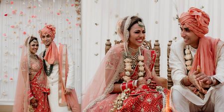 A Pretty Delhi Wedding In Peachy Tones With The Couple In Coordinated Outfits