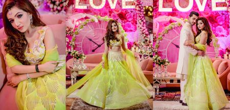 Glamorous Engagement With The Bride In A Neon Lehenga