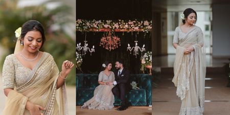 Classy Kerala Wedding With The Bride In An Elegant Pastel Sabyasachi Saree