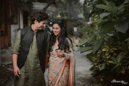 Intimate Home Engagement With A Gorgeous Floral Saree