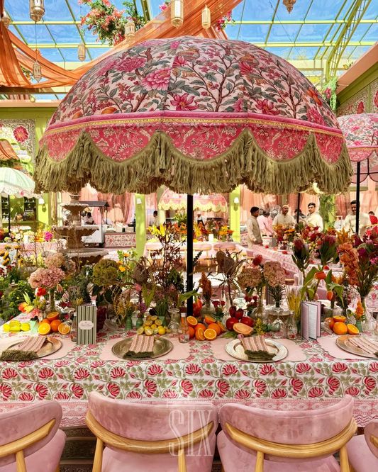 Print-on-print wedding décor with layered patterns and colour