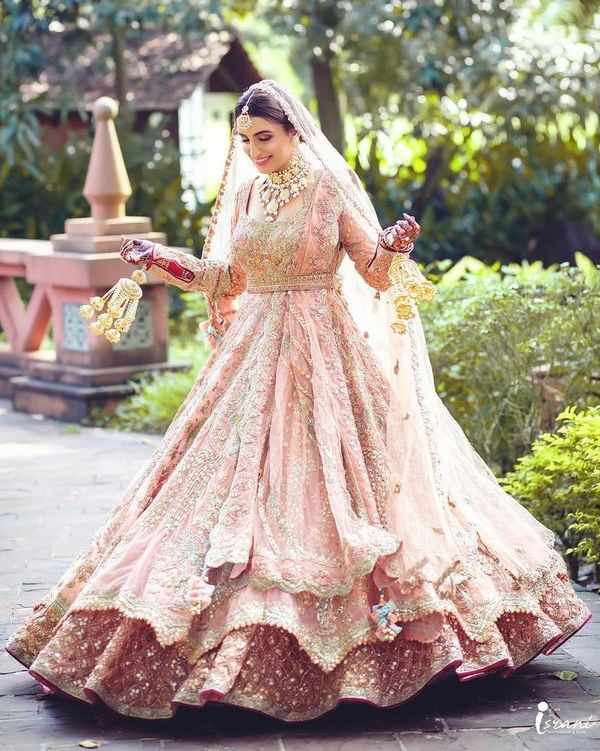 Buy Peach And Pink Raw Silk Lehenga With V-Neck and 3D Embroidery