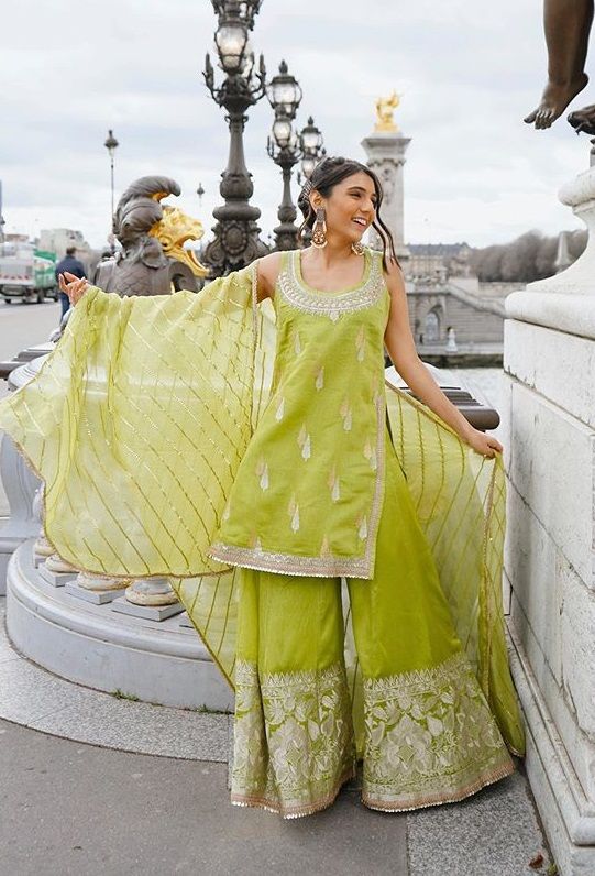 Dandelion Yellow Organza & Chiffon Sharara Set With Cape Design by Radhika  & Raghav at Pernia's Pop Up Shop 2023