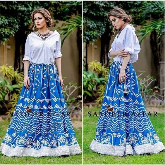 Blue Mul Mul cotton Block printed Crop top & skirt with dupatta - Ranga  Chakra