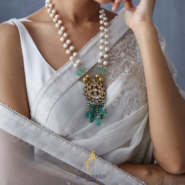 Buy White Embellished Pearl Necklace Set by Ishhaara Online at Aza Fashions.