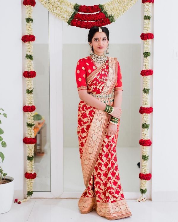 White and red shop saree for wedding