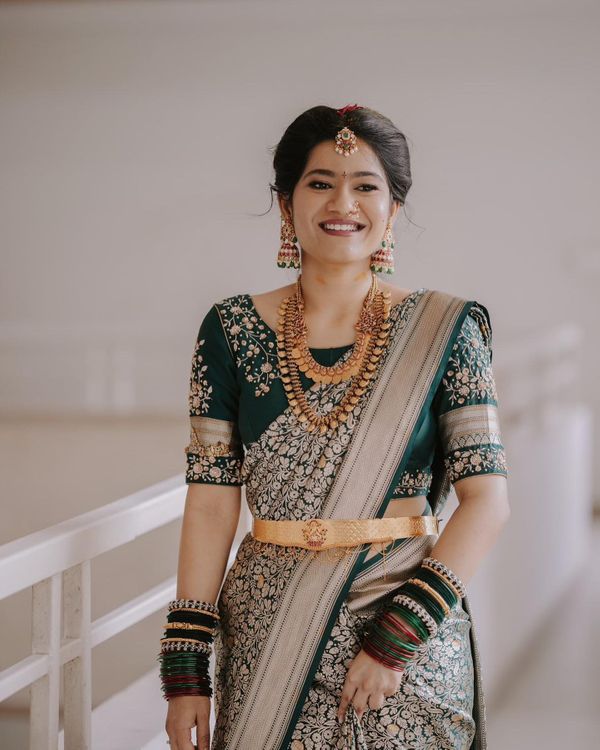 Shobitha looks regal for her muhurtham. Hair and makeup by MUA Vejetha for  Swank. South Indian brid… | Saree blouse designs, Bridal silk saree, Indian  women fashion