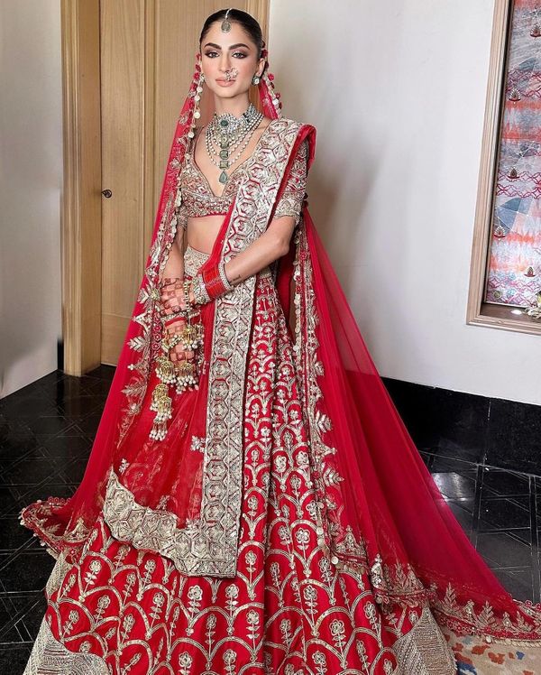 Bridal Wear Lehengas Silk & Net Fabrics- Red & White colour – Vpnam