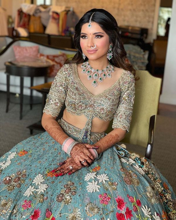 Pakistani Powder Blue Lehenga Choli Bridal Dress for Walima – Nameera by  Farooq