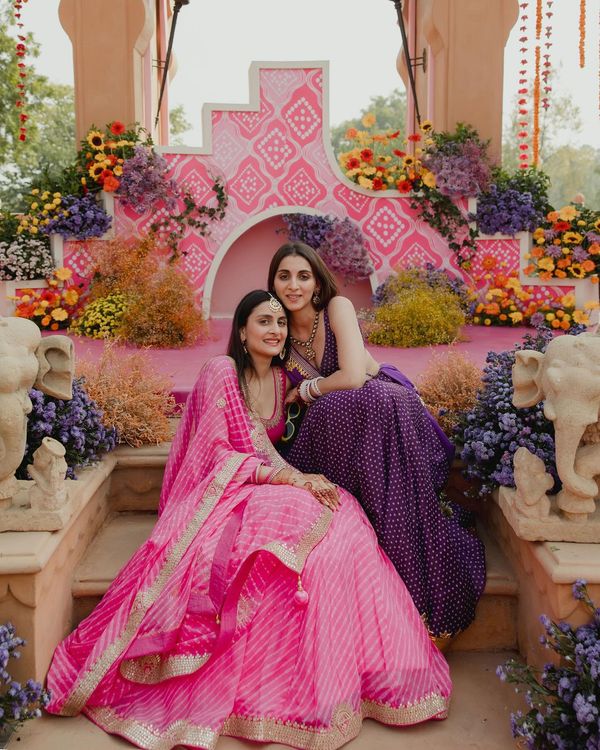 Modern Bandhani bridal outfit with colourful tie-dye details