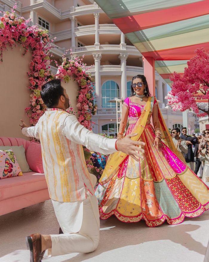 pink bride and groom dress colour combination Groom indian wedding outfits pink