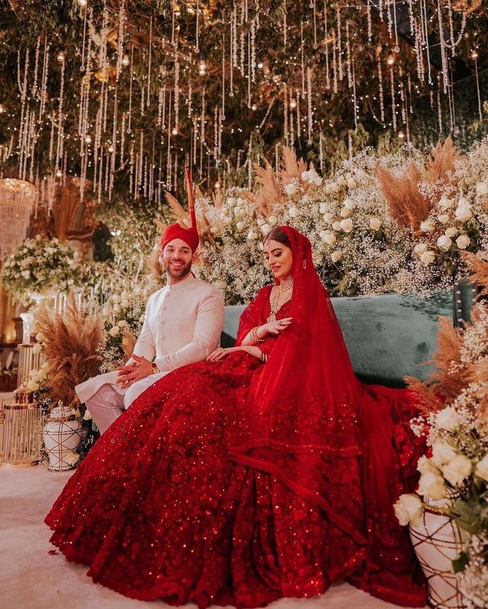 red bride and groom dress colour combination Colour Coordinated Wedding Outfits: Bride & Groom Styling Guide