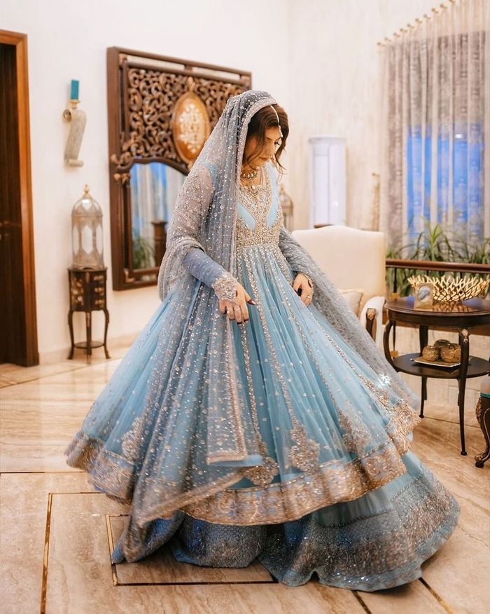 Embroidered Net Lehenga in Shaded Beige and Blue : LUF3149