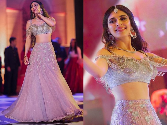 Buy Powder pink lehenga and off shoulder crop top in 3D floral motifs  embroidery, matching net dupatta with stone fringes