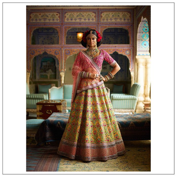 The lady wears a hand-painted organza lehenga and dupatta embellished with  hand-beaten silver sequins. The … | Indian bridal outfits, Indian lehenga,  Indian outfits
