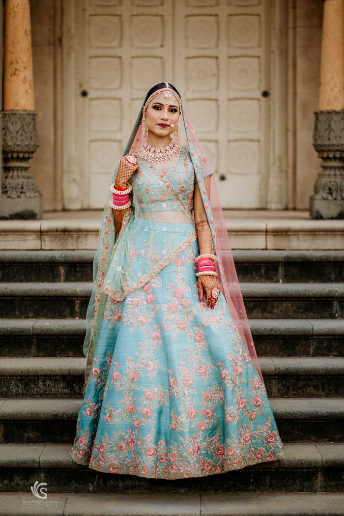 Powder Blue Printed And Embroidered Heavy Silk Party Wear Lehenga | Latest  Kurti Designs