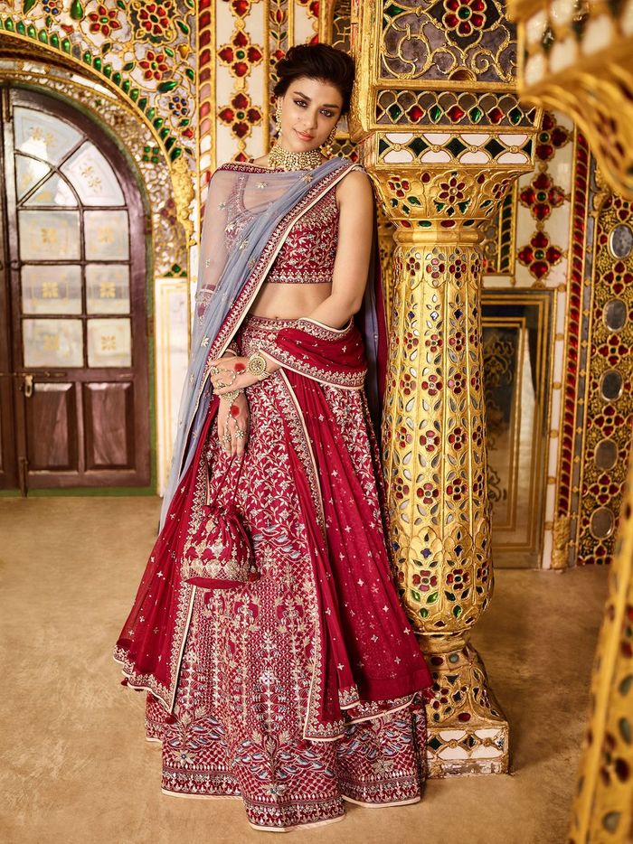 Contrast Red Lehenga Set with Gold Dupatta & Multicoloured Details -  Seasons India