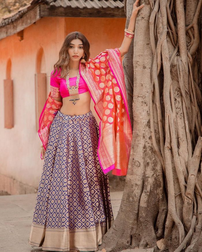 Orange Woven Banarasi Silk Lehenga Choli With Dupatta Lehenga 2042LG01