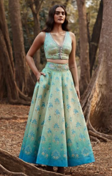 green emerald velvet dress Anita Dongre Elodea Embroidered Tiered Skirt Set