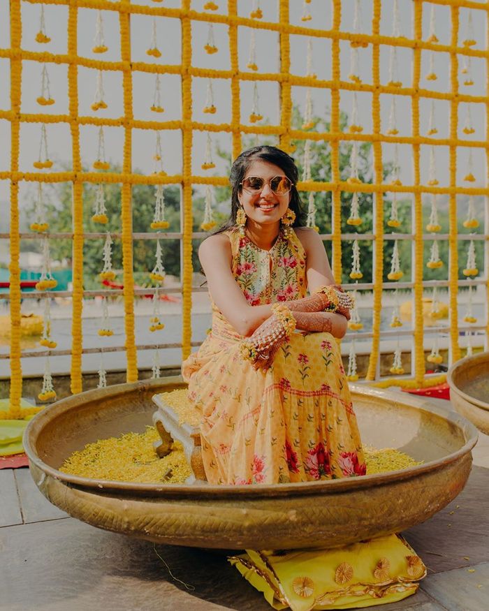 Cheery Indore Wedding Of A Bride Who Self-Designed All Her Outfits | Haldi  ceremony outfit, Haldi outfits, Couple wedding dress