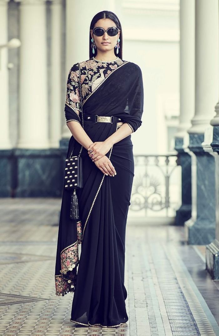 Black organza saree with leather waist belt - Dress me Royal
