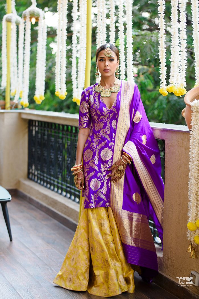 BANARASI SILK Unstitched Purple And Yellow Color Wedding Traditional Lehenga