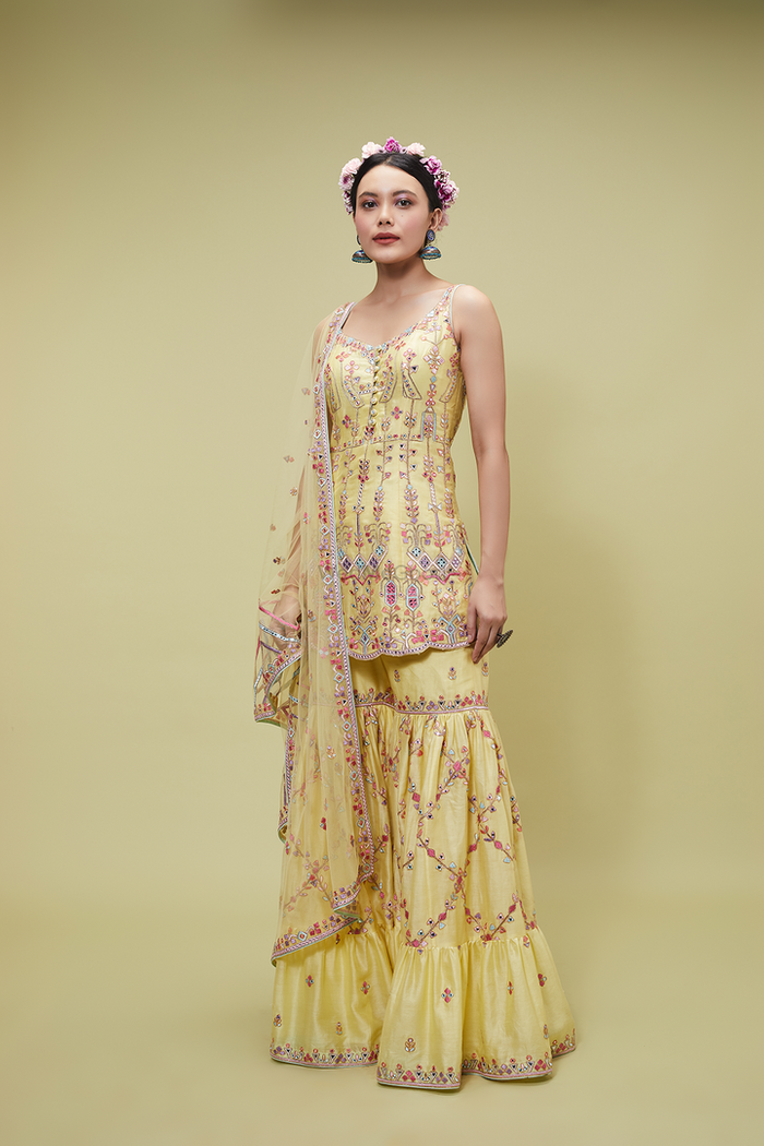 Eid Suit - Buy Pale Yellow Multi Embroidery Traditional Gharara Suit At  Hatkay