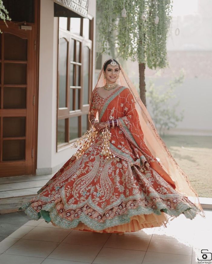 open lace back dress Indian Wedding Wear Orange Lengha Choli in Sequins Embroidered work Sa –  ASHBHAV