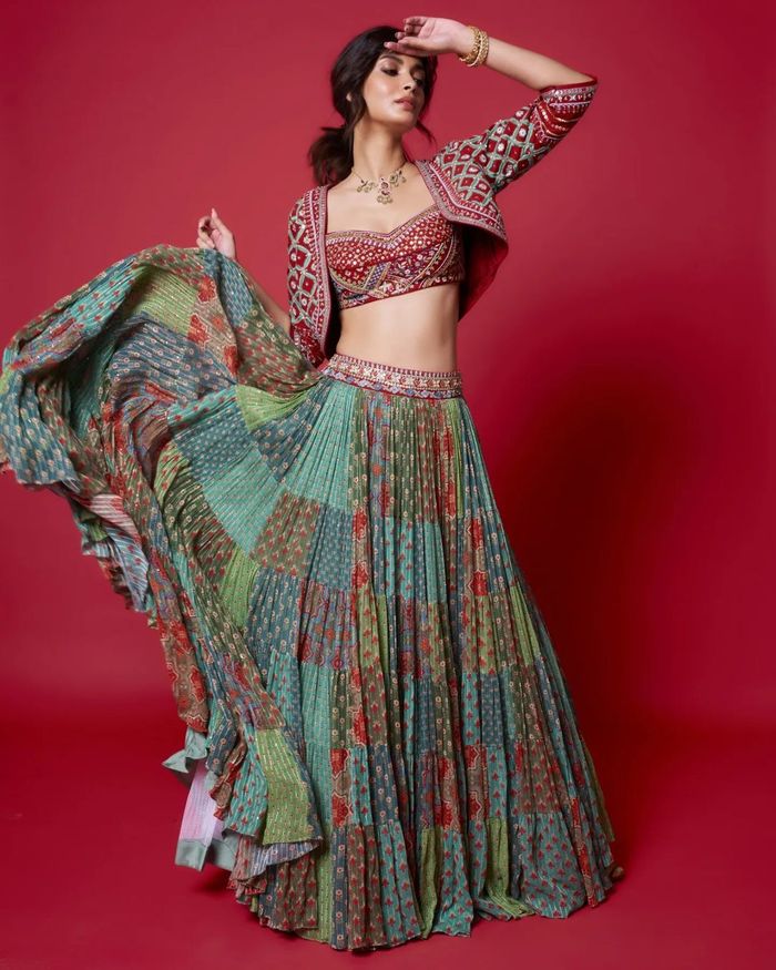 Party Wear Crop Top Lehenga With Jacket For Girls 2023