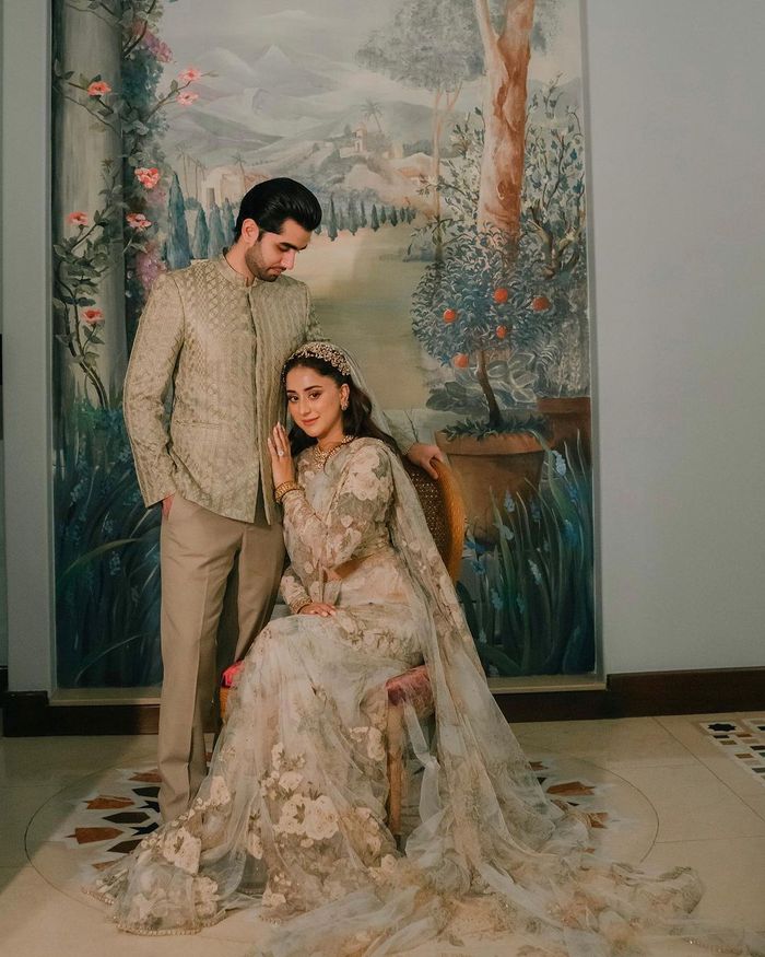 indian groom and bride wedding dress designer 20+ Pakistani Brides Who Wore Designers For Their Nikah Best store-bought chunky blue Reina Checkout the latest products Color:Khaki abstract modern indian bride dress