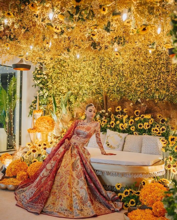slim fit dress slacks Golden Pakistani Bridal Dress in Lehenga Choli Style – Nameera by Farooq main image 1