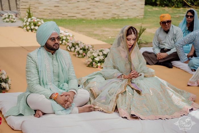 Beautiful Delhi Nuptials With The Couple In Customised Sea Green Outfits |  WedMeGood