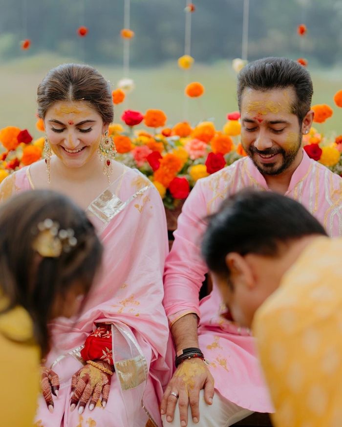 Cutest Colour Coordinated Haldi Outfits For Couples! | WedMeGood